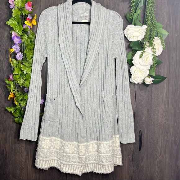 -Lemon Collection Long Grey Cozy Cardigan Eyelash Trim Size M/L - Picture 1 of 15